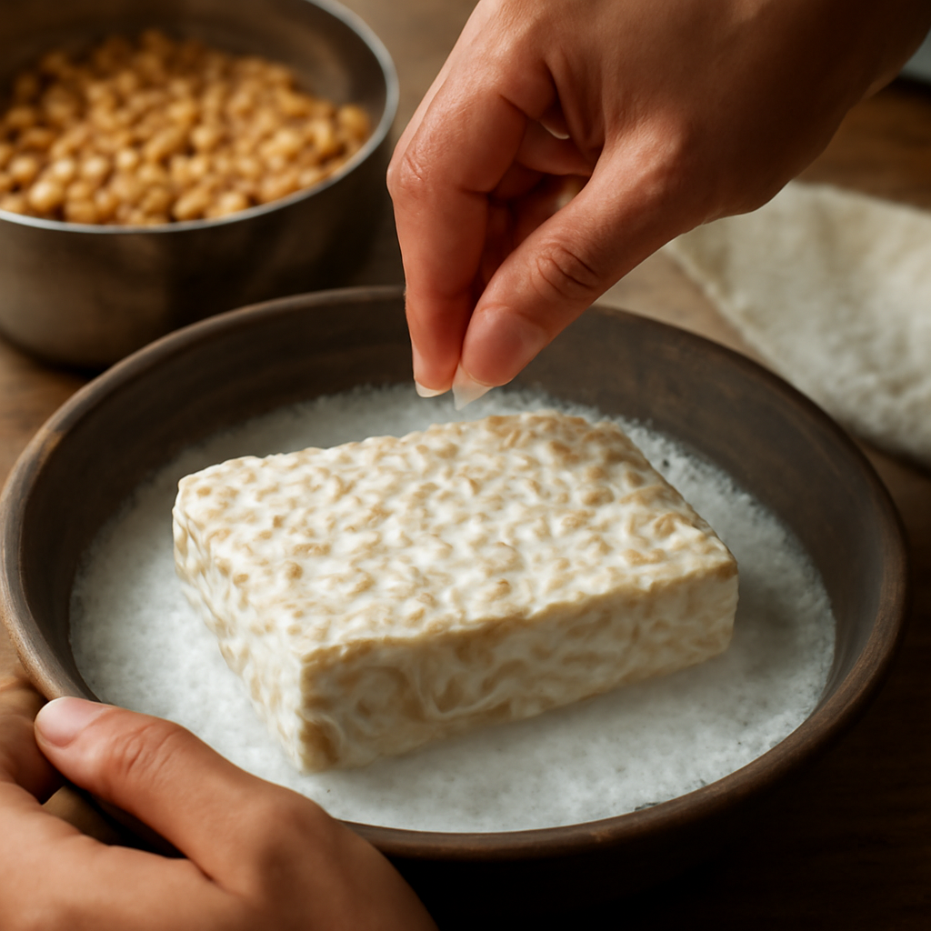 Proses fermentasi tempe, makanan kaya protein dan probiotik alami.