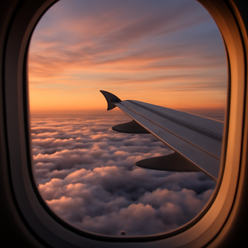 The view from an airplane window overlooking an expanse of clouds at sunset.
