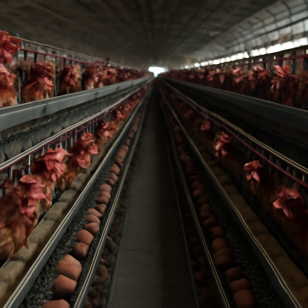 Interior deretan panjang kandang ayam di fasilitas peternakan ayam petelur industri berskala besar.