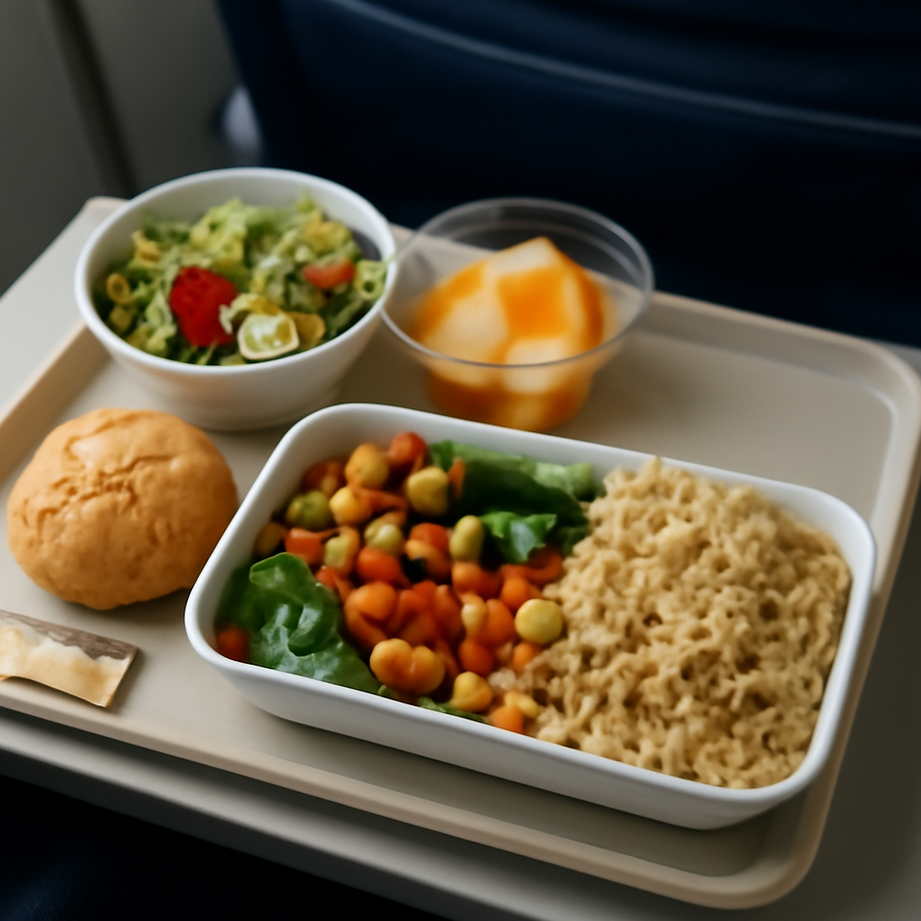 A typical plant-based airline meal often utilizes grains, legumes, and fresh vegetables which retain moisture better in dry cabin air.