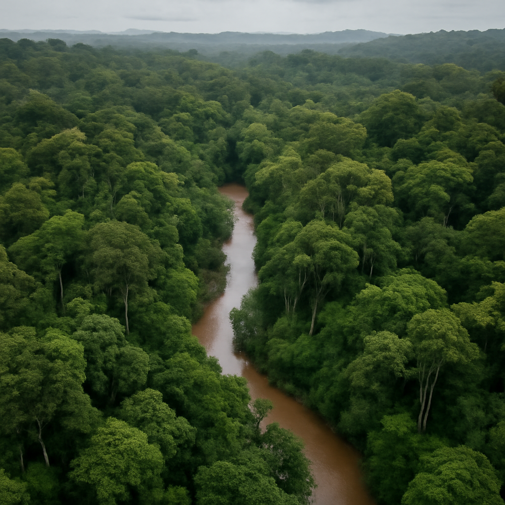 Një pamje nga lart e një pylli tropikal të mbrojtur nga komunitetet indigjene, që simbolizon biodiversitetin dhe kujdestarinë e tokës.