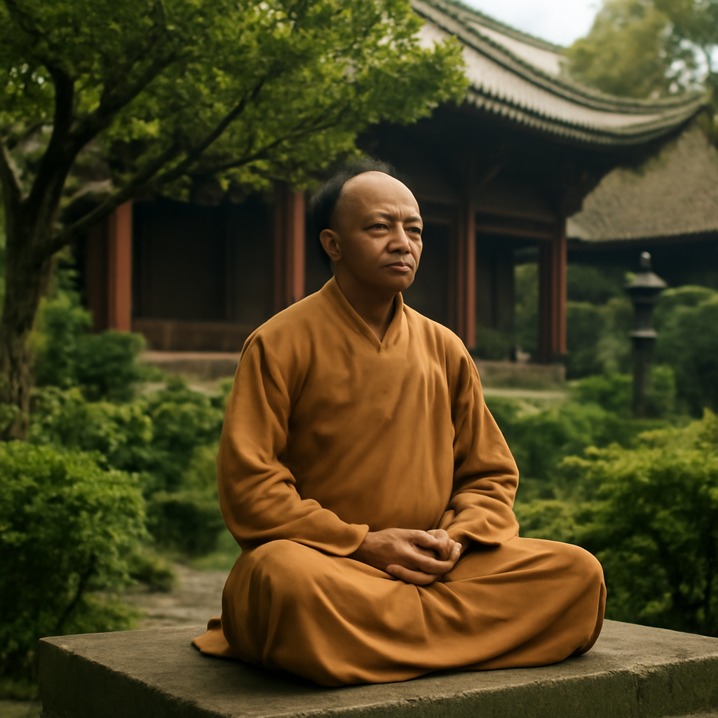 一位身着僧袍的僧侣在中国寺庙的宁静花园中冥想,体现了亚洲平和与健康的文化。