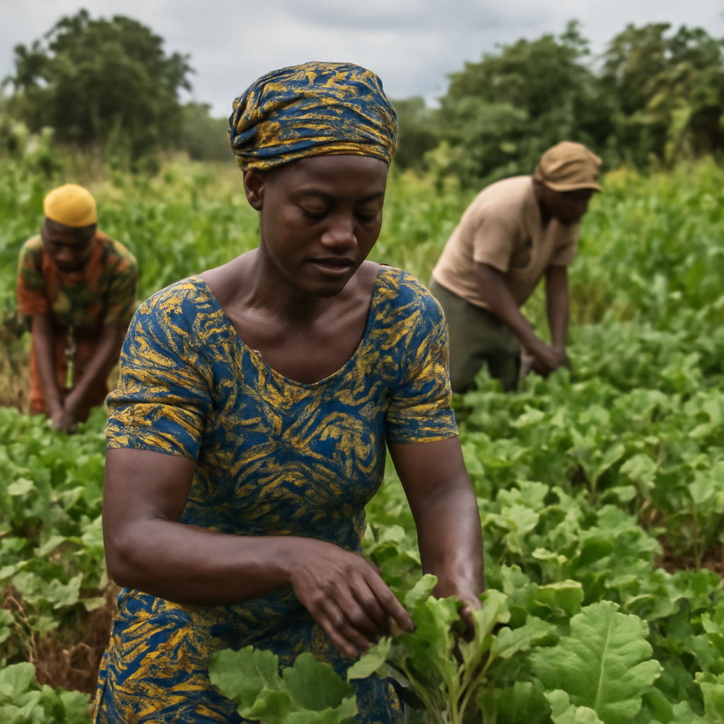 Àwọn àgbẹ̀ onílẹ̀ tí wọ́n ń tọ́jú èso àti ohun ọ̀gbìn àdáyébá ní oko wọn.