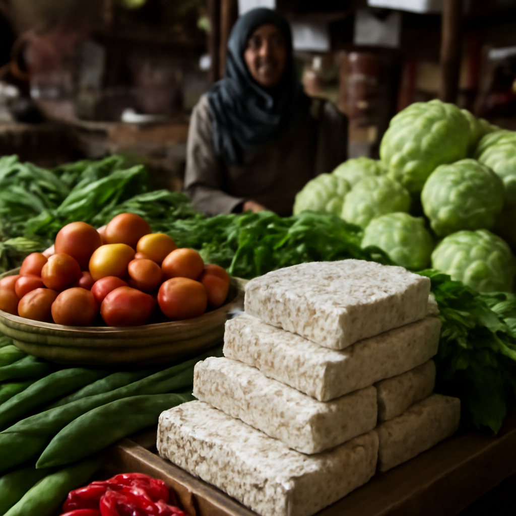 Stan pasar Indonesia yang menjual berbagai macam hasil bumi segar, termasuk tempe yang tertata rapi.