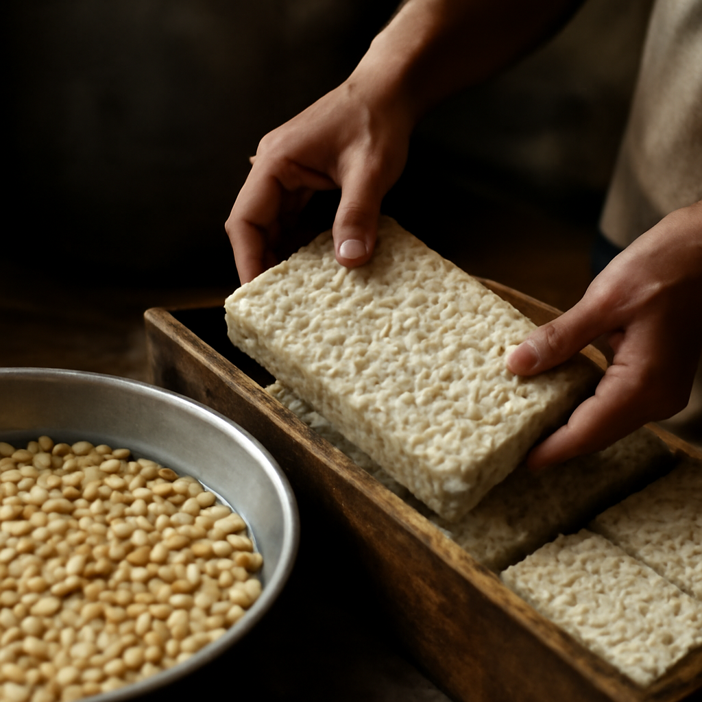 Proses fermentasi tempe, sebuah produk kedelai kaya protein yang menjadi makanan pokok di Indonesia.