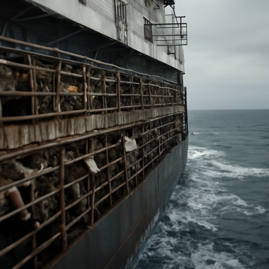 A documentary-style image connected to Live animal export by sea: the floating slaughterhouses