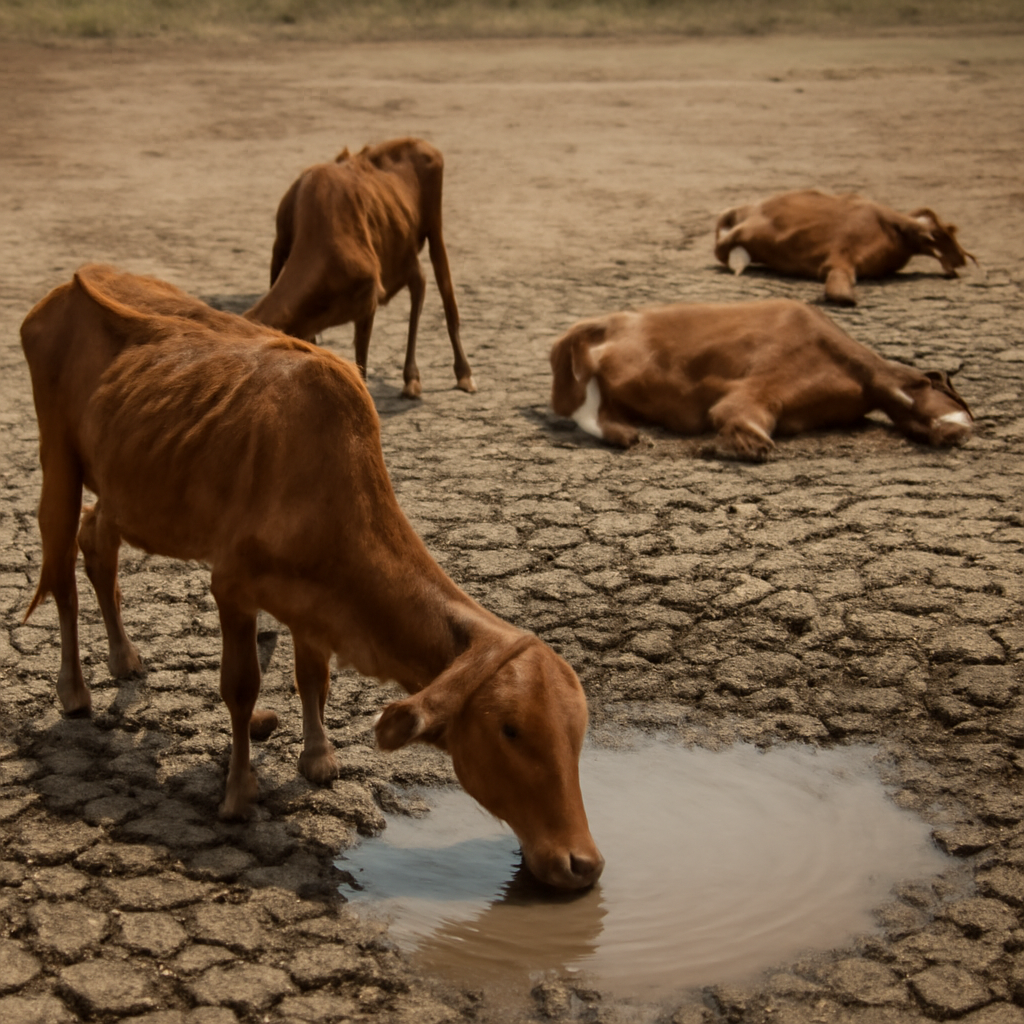 Ternak yang menderita akibat kelangkaan air minum selama kekeringan parah di sebuah wilayah yang terdampak.