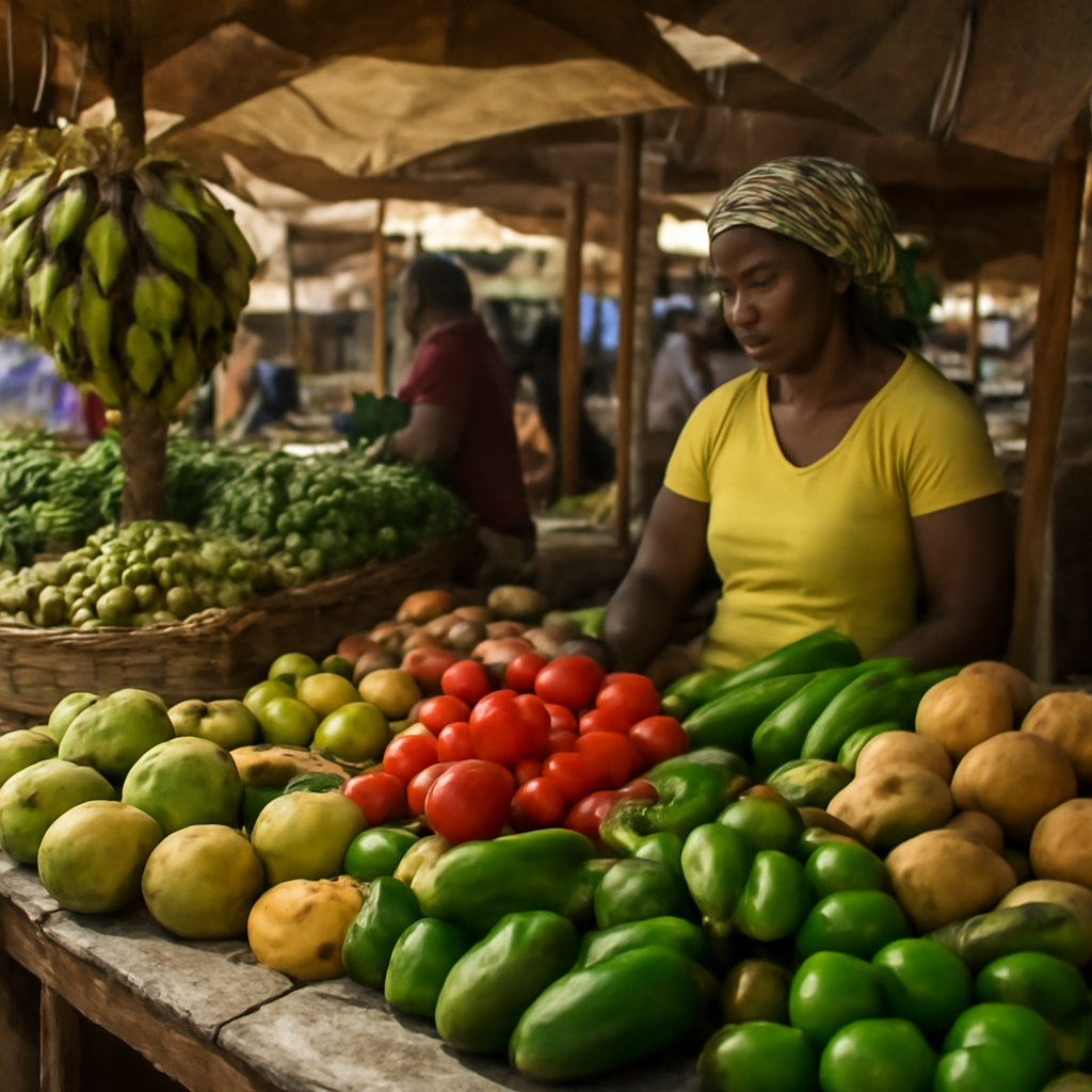 Yon ti mache nan Ayiti kote yo vann fwi ak legim fre, yon bon kòmansman pou yon rejim alimantè plantè.