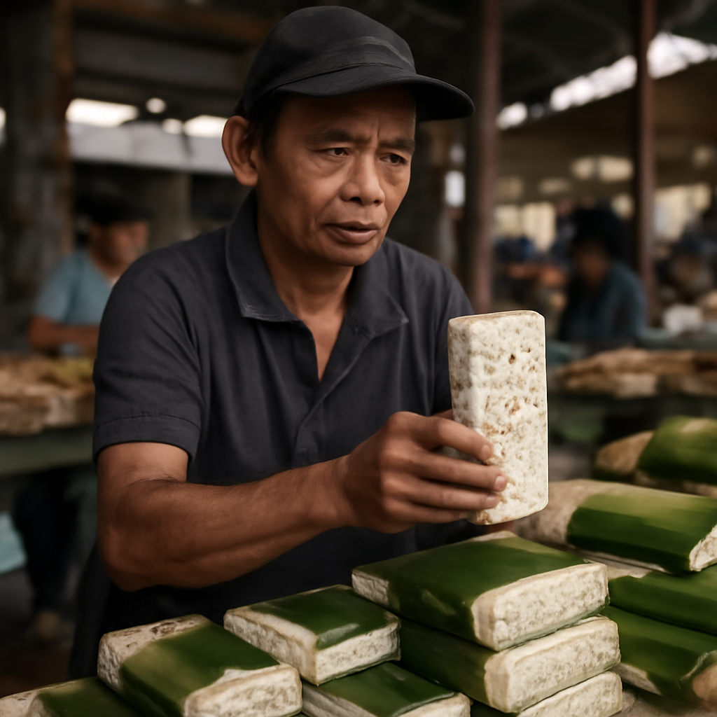 Pedagang tempe di pasar tradisional Indonesia, menunjukkan ketersediaan protein nabati yang melimpah.