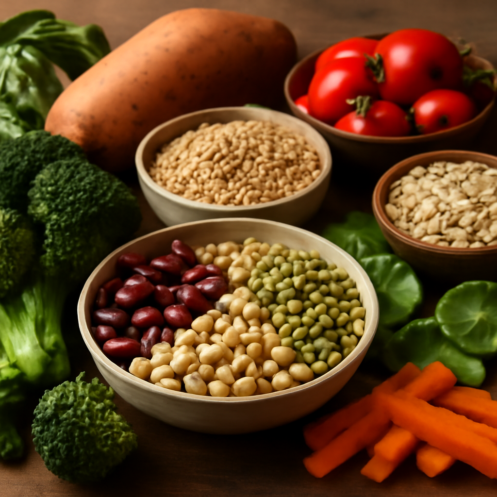 Різноманіття цільних рослинних продуктів: овочі, бобові та цільні злаки