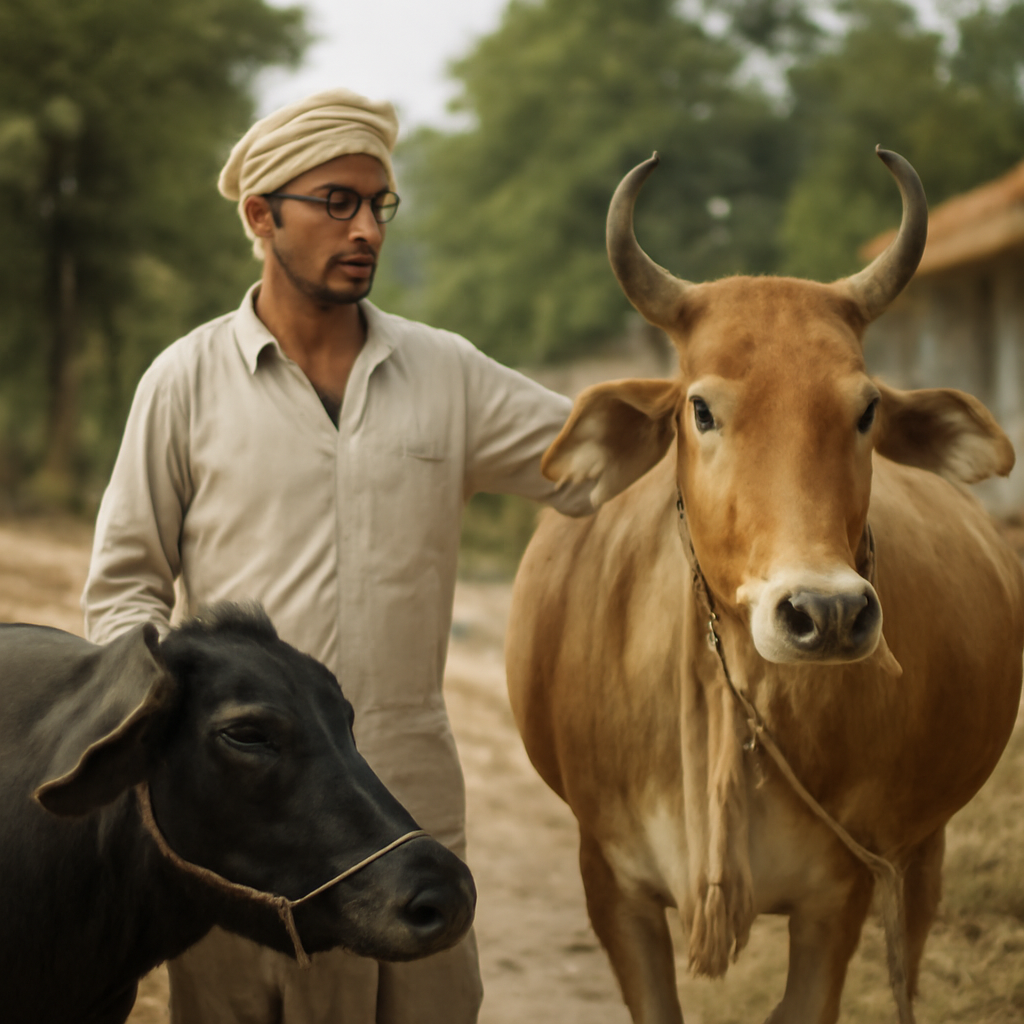 एक भारतीय किसान अपने मवेशियों के साथ एक ग्रामीण गाँव में