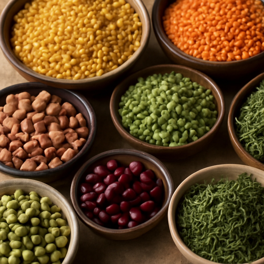 مجموعهای رنگارنگ از حبوبات و سبزیجات خشک ایرانی. این مواد اولیه، پایه بسیاری از غذاهای سنتی و پایدار منطقه هستند.
