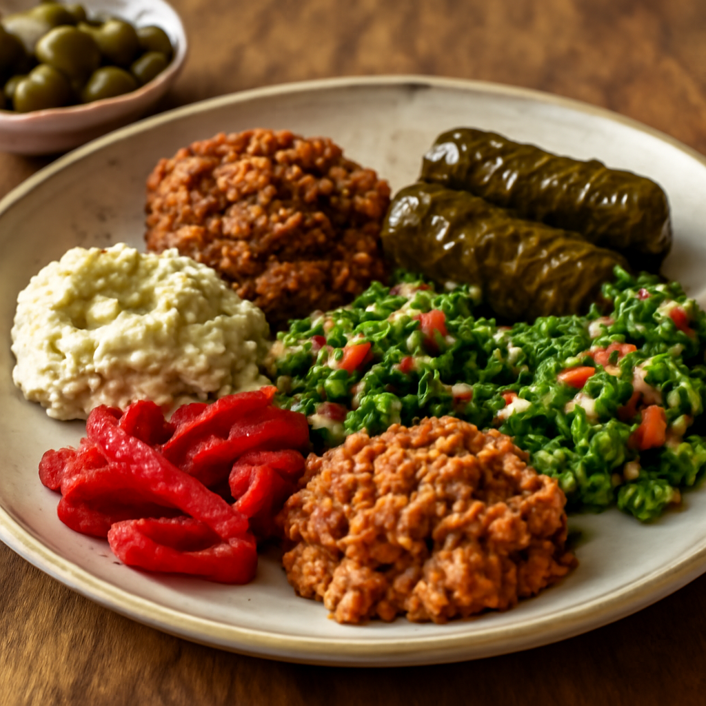 Çeşitli vegan mezelerden oluşan bir tabak, sofraları renklendirir.