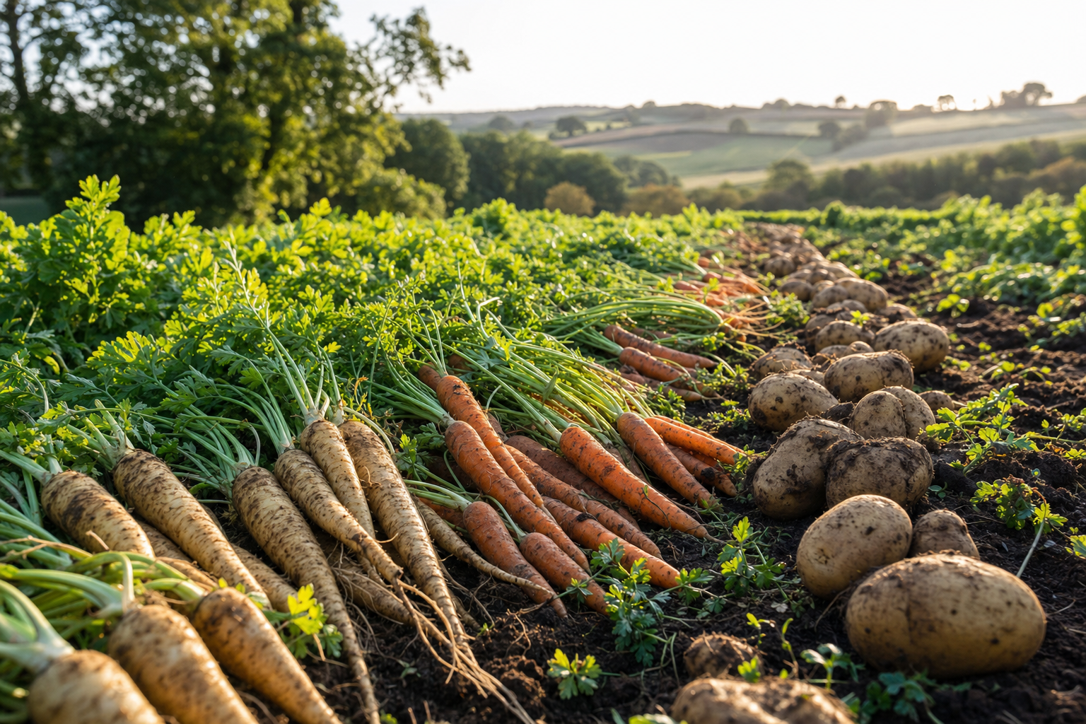 A sun-drenched field in the British countryside, abundant with rows of plump root vegetables like potatoes, carrots, and parsnips.
