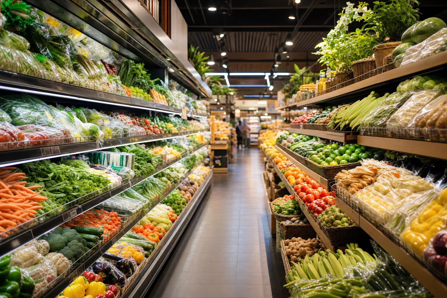Lorong supermarket Indonesia yang dipenuhi produk segar berwarna-warni