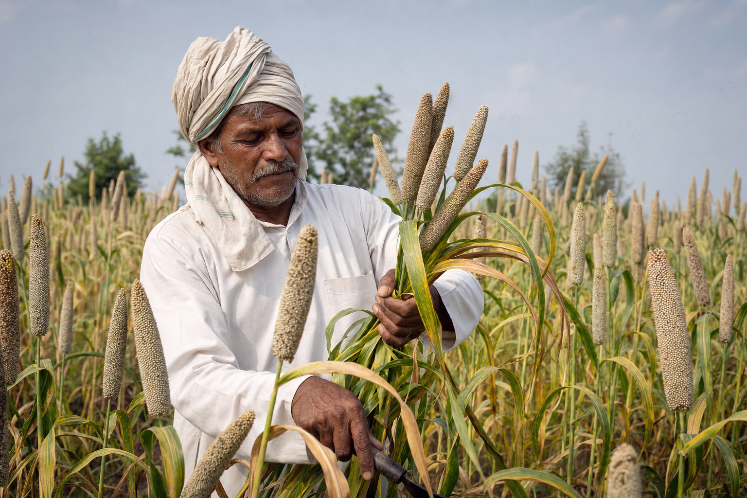 एक खेत में बाजरा काटता हुआ भारतीय किसान