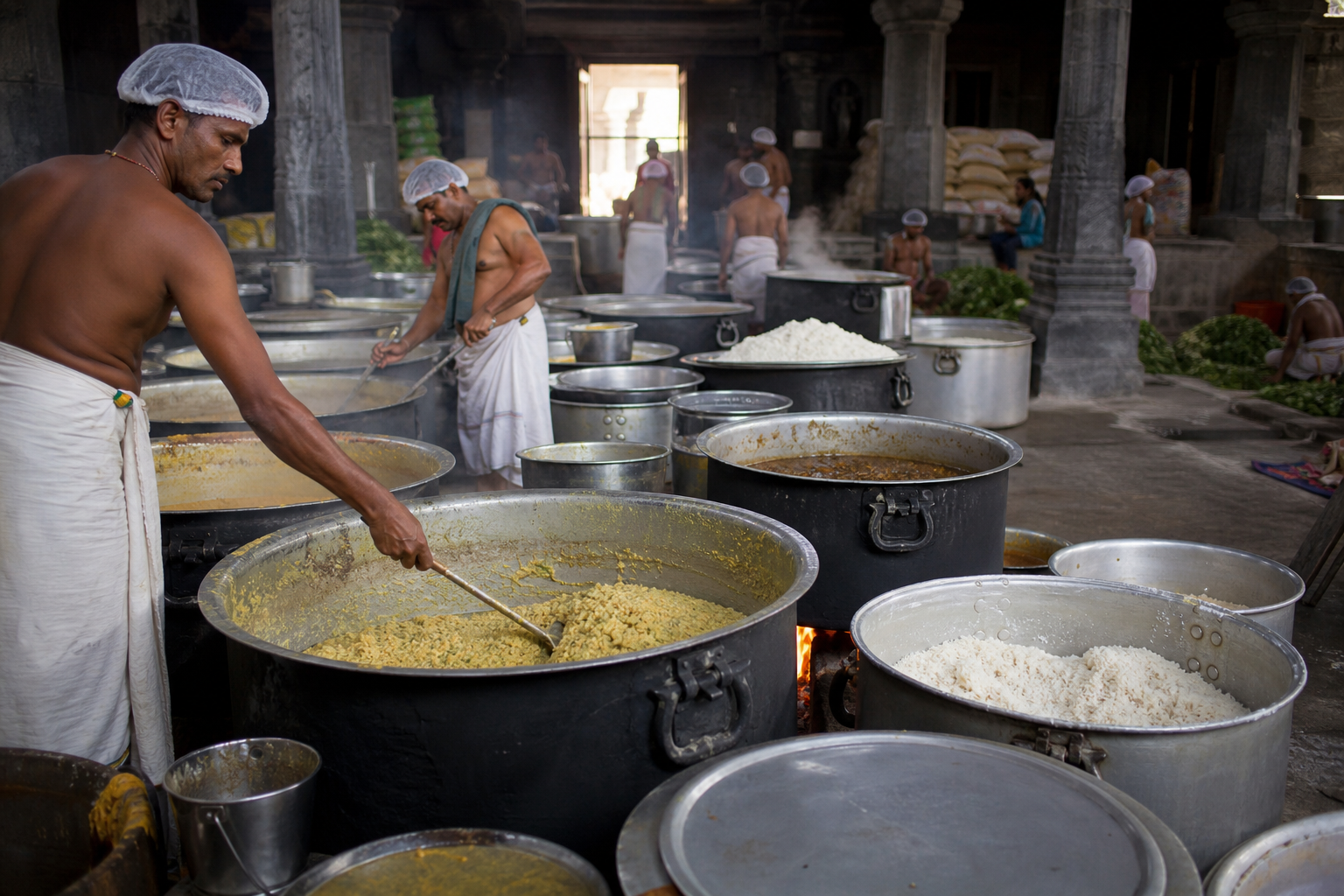 கோயில் அன்னதானத்தில் பாரம்பரிய முறையில் சமைக்கப்படும் உணவு.