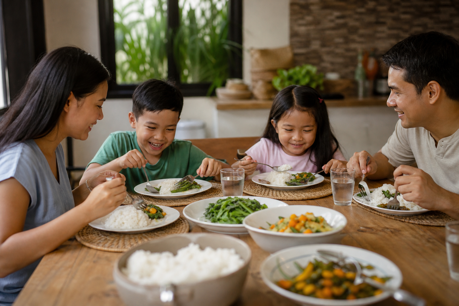 Isang masayang pamilyang Pilipino na kumakain ng kanin at mga gulay sa hapag-kainan.