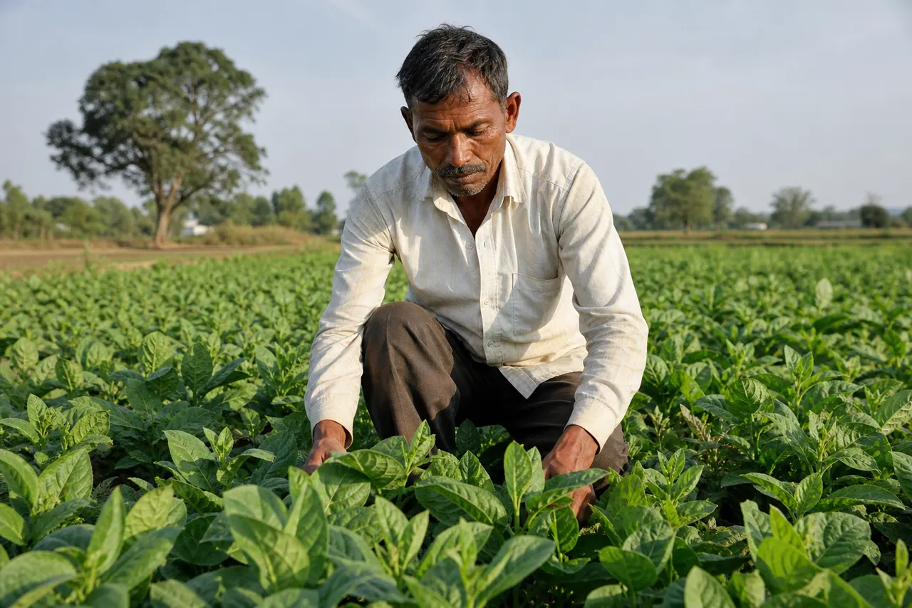 एक भारतीय किसान अपने खेतों की देखभाल कर रहा है, जो स्थानीय और टिकाऊ कृषि का प्रतीक है।
