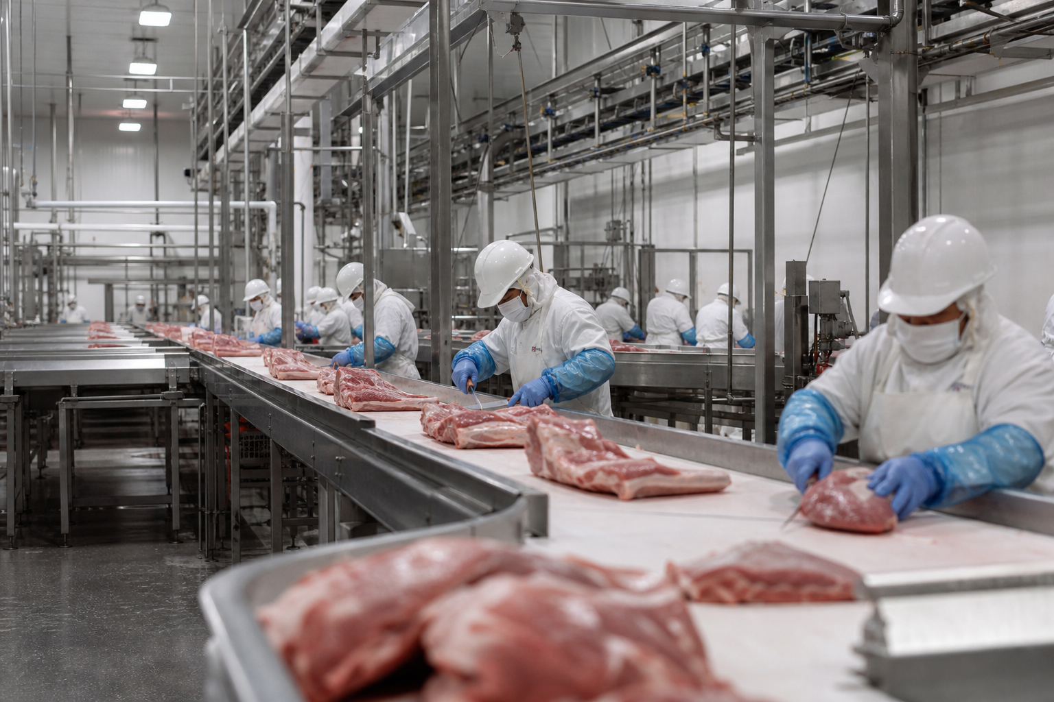Interior view of a large, sterile industrial meat processing facility with stainless steel equipment and workers in protective gear.
