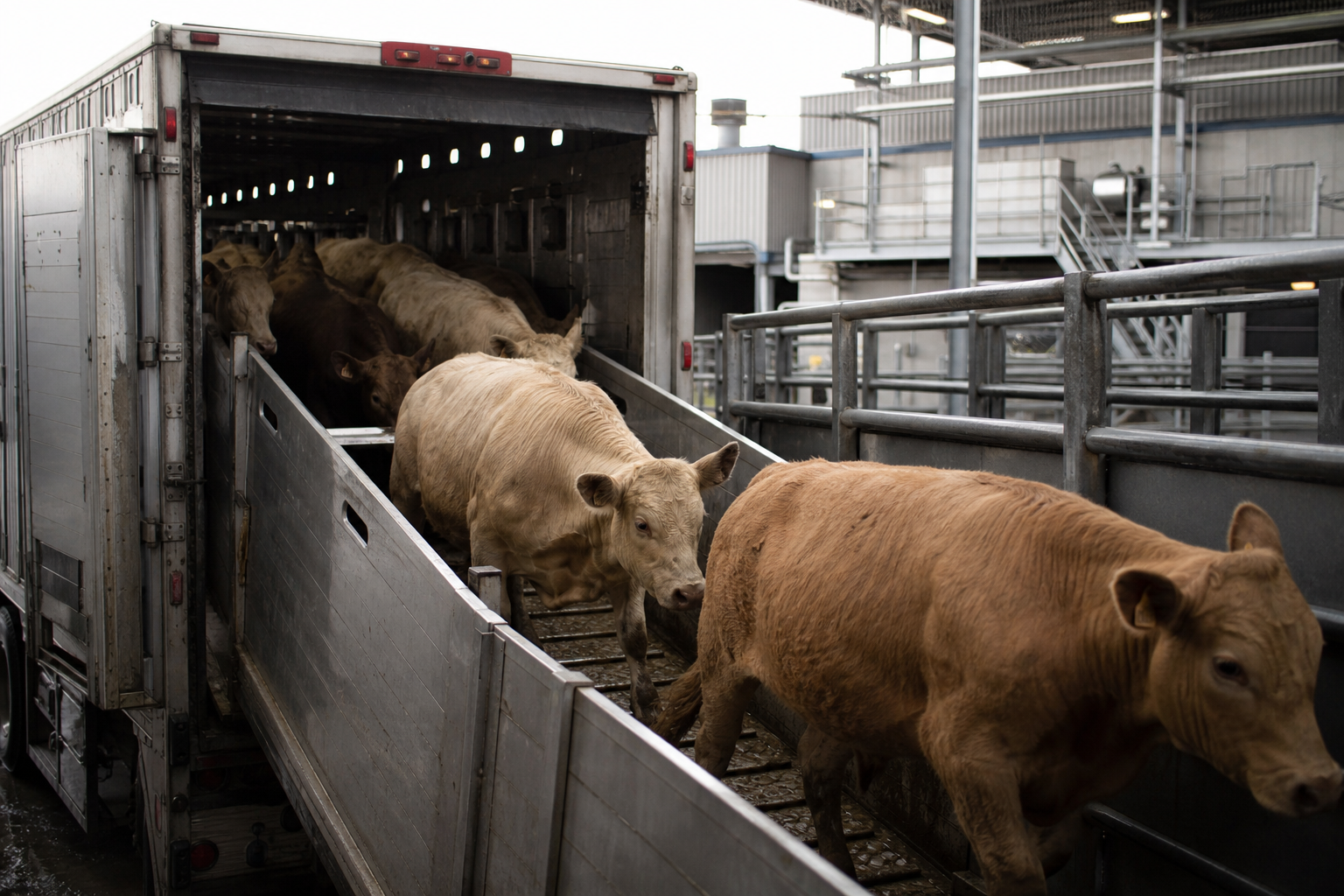Animals are unloaded from transport trucks at the processing facility. Conditions during transport and unloading are subject to welfare regulations.