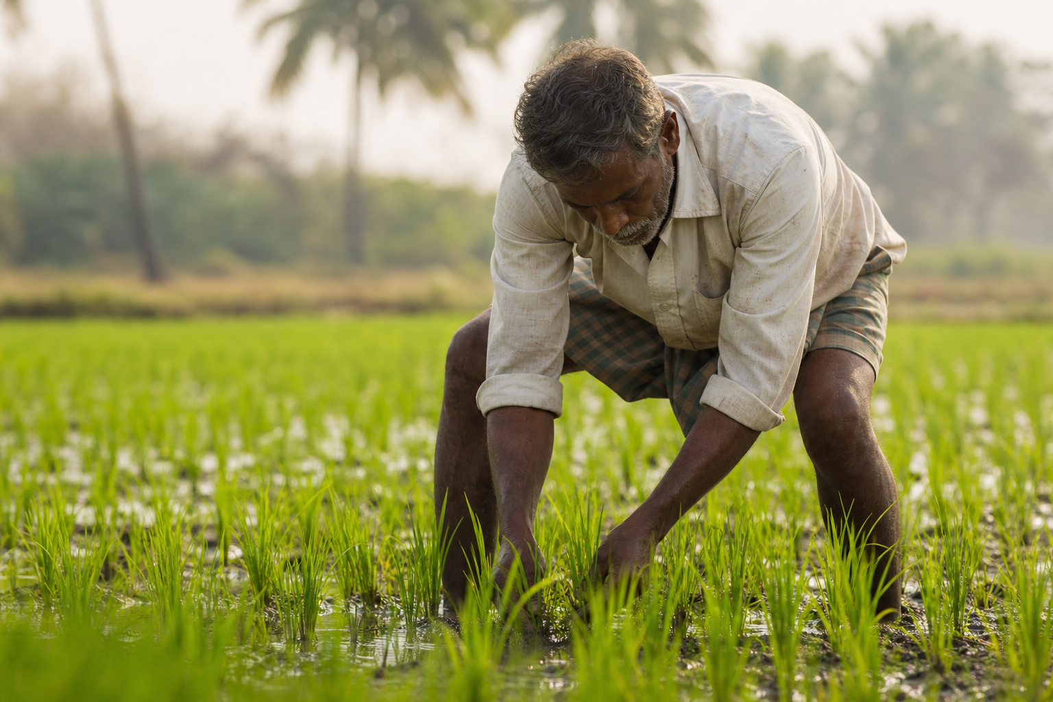 ஒரு விவசாயி, தனது வயலில் நெற்பயிர்களைப் பராமரிக்கிறார். மண்ணின் ஆரோக்கியம், கார்பன் சேமிப்பில் முக்கியப் பங்கு வகிக்கிறது.
