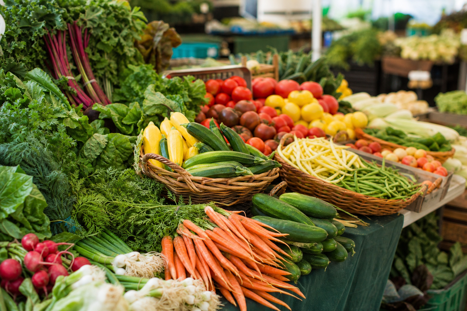 A vibrant stall at a farmers' market overflowing with colourful, seasonal fruits and vegetables.
