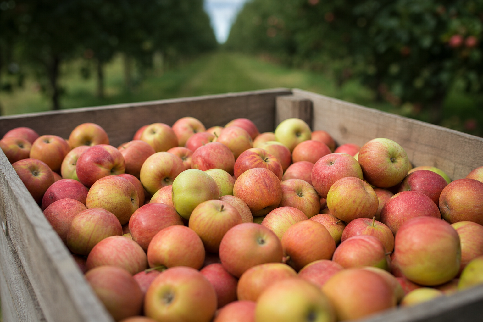 Locally grown, in-season produce like these British apples often presents a lower emissions profile compared to out-of-season imports.
