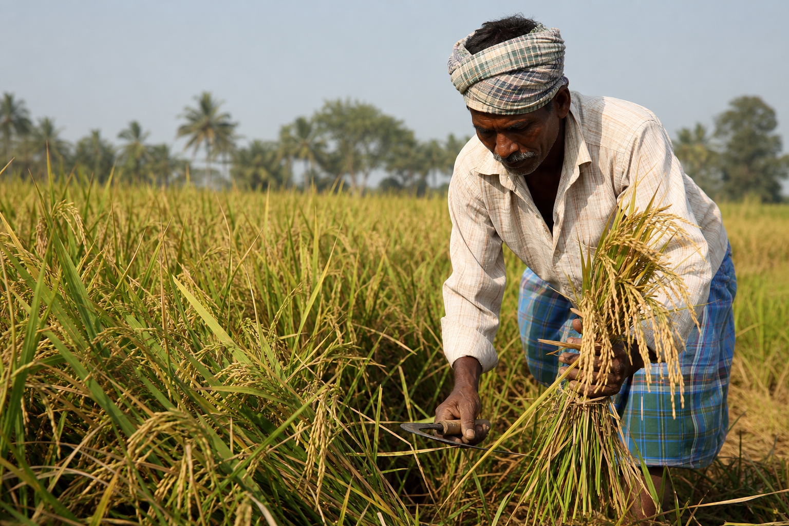 தென்னிந்திய விவசாயி நெல் அறுவடை செய்கிறார்