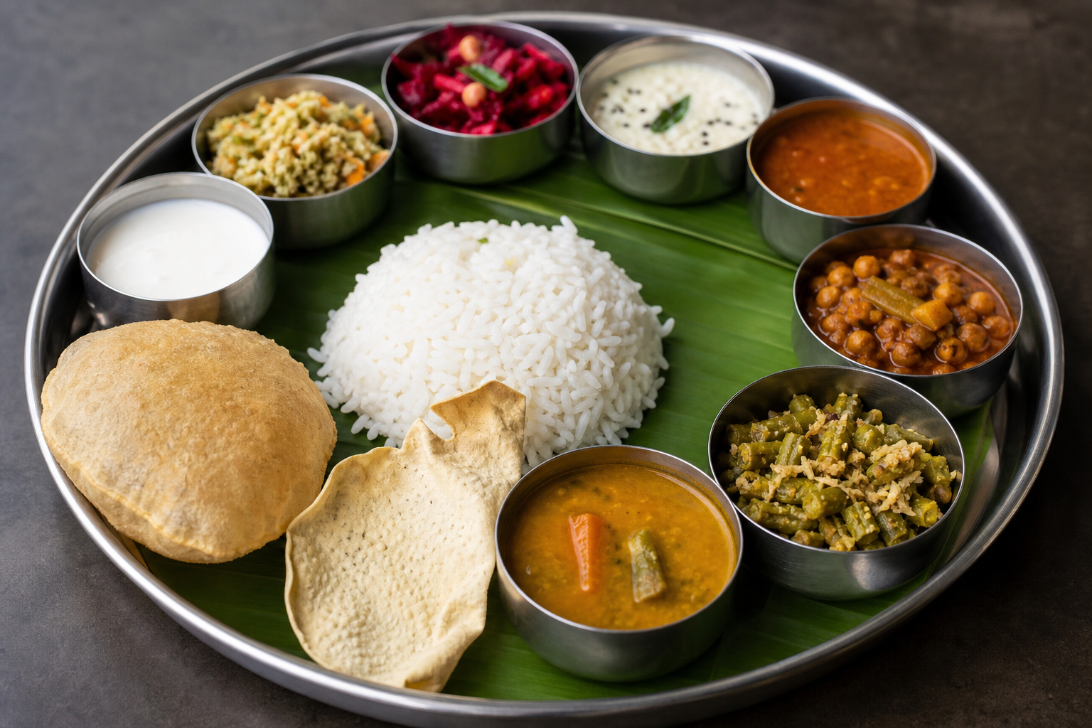 தென்னிந்திய தாளி, பல்வேறு தாவர அடிப்படையிலான உணவுகளுடன் ஊட்டச்சத்தை வழங்குகிறது.