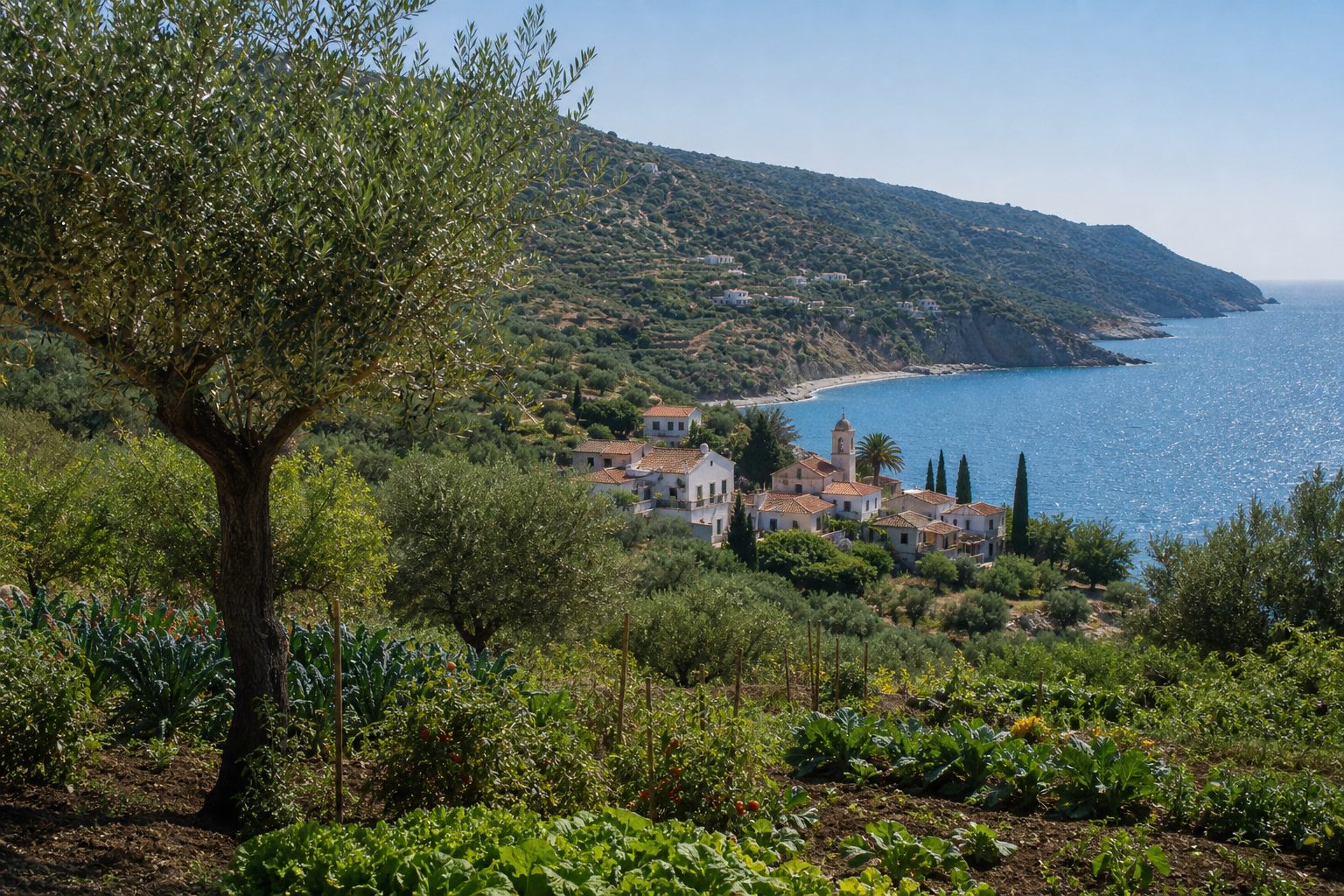 A picturesque Mediterranean village with rolling hills covered in olive groves and vibrant vegetable gardens, overlooking a sparkling blue sea.