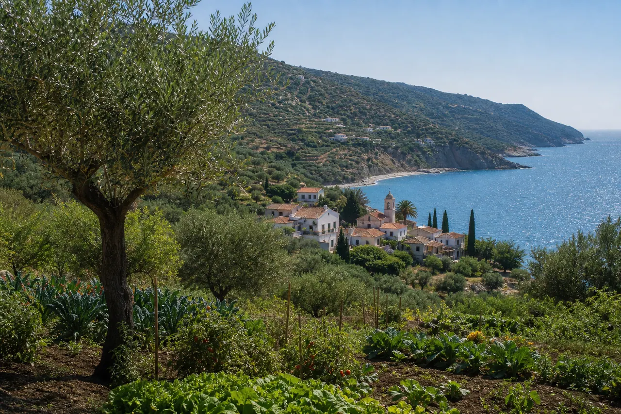A picturesque Mediterranean village with rolling hills covered in olive groves and vibrant vegetable gardens, overlooking a sparkling blue sea.