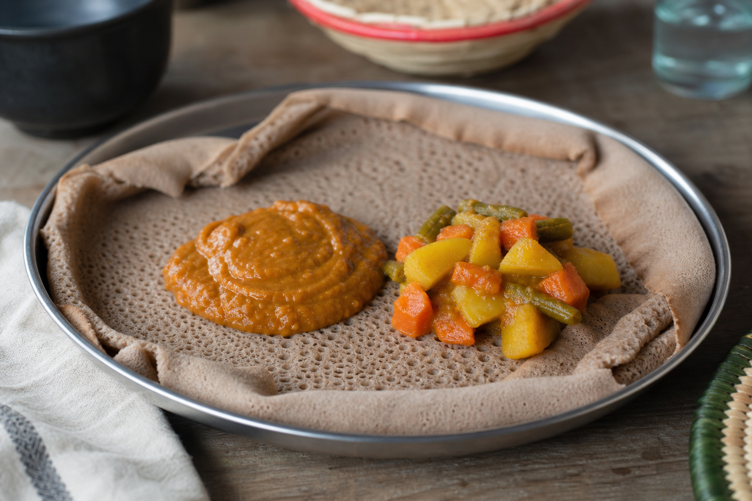 የኢትዮጵያ ባህላዊ ምግብ፡ ኢንጀራ ከሽሮ እና ከአትክልት ወጥ ጋር፤ የውኃ ፍጆታው አነስተኛ የሆነ ምግብ።