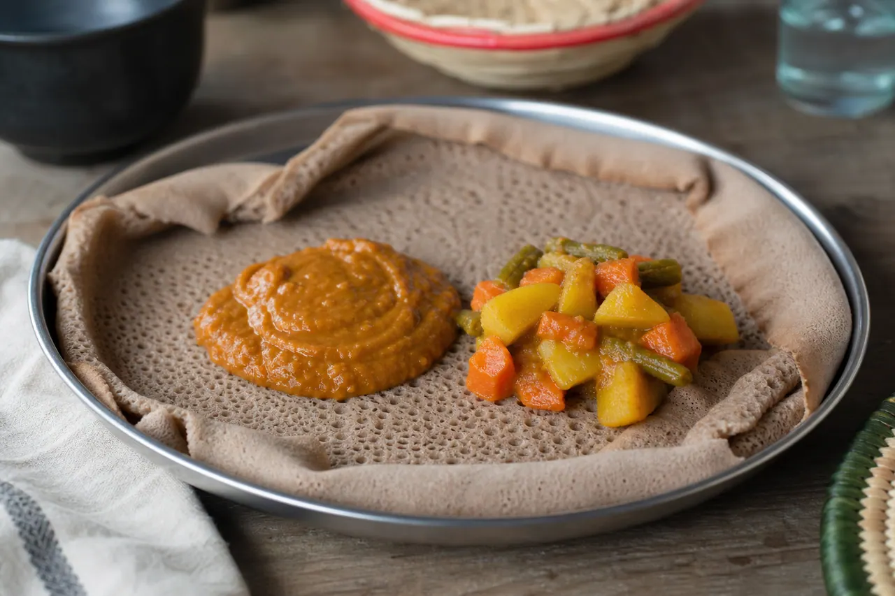 የኢትዮጵያ ባህላዊ ምግብ፡ ኢንጀራ ከሽሮ እና ከአትክልት ወጥ ጋር፤ የውኃ ፍጆታው አነስተኛ የሆነ ምግብ።
