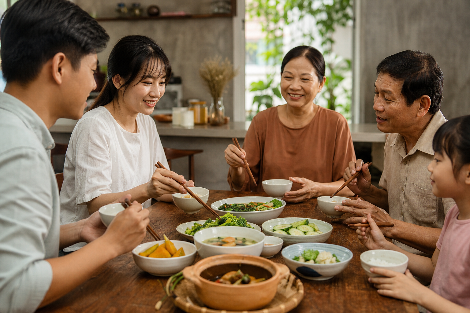 Bữa cơm gia đình ấm cúng tại Việt Nam, nơi sự đa dạng của các món ăn thể hiện sự quan tâm đến sức khỏe và sự cân bằng.
