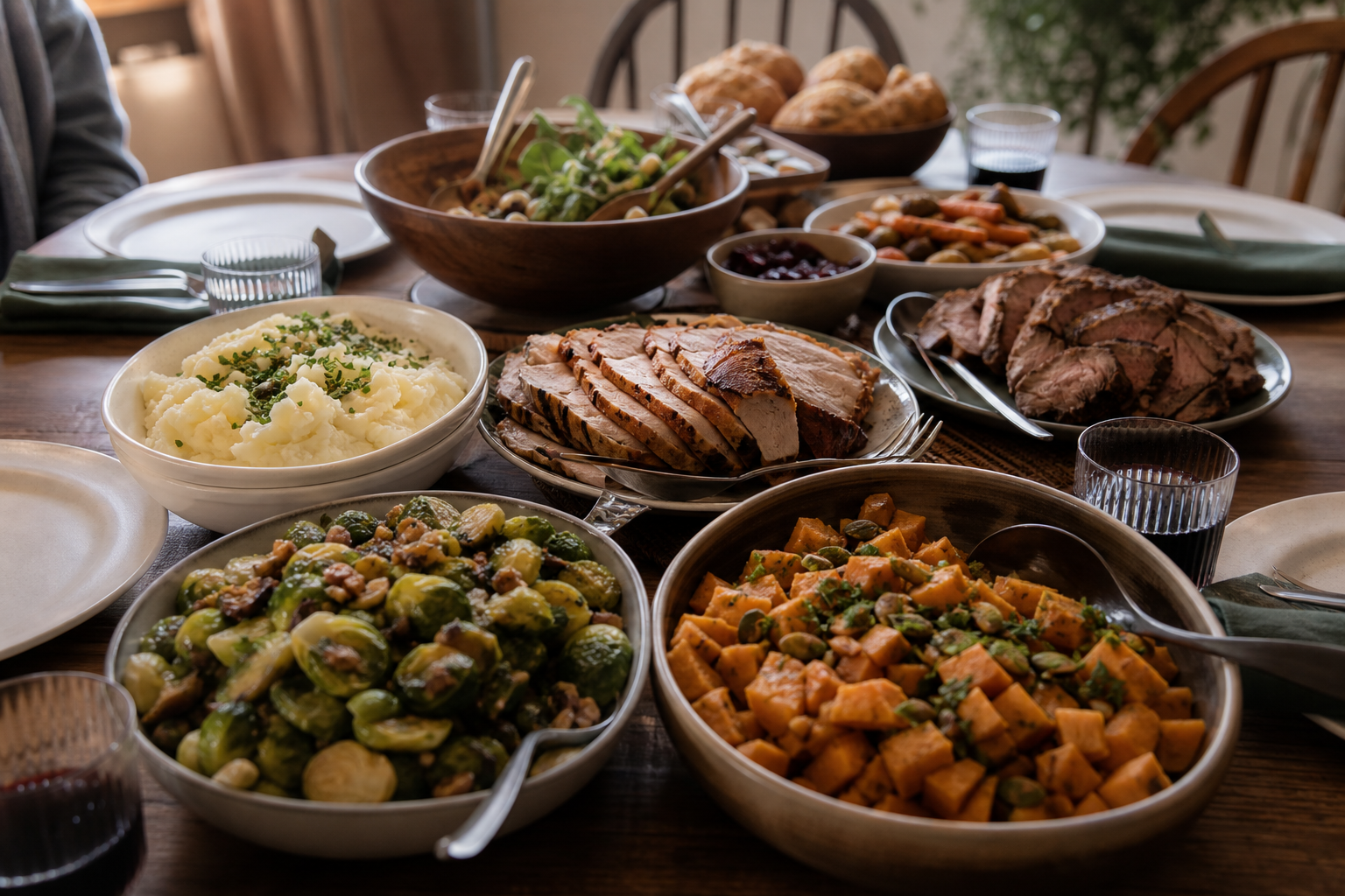 A warm, inviting dinner table laden with various dishes, some clearly plant-based and others containing meat.