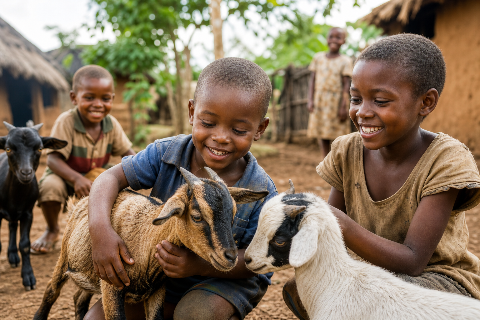 Watoto wakicheza na mbuzi kijijini, kuonyesha uhusiano wa karibu wa kitamaduni.