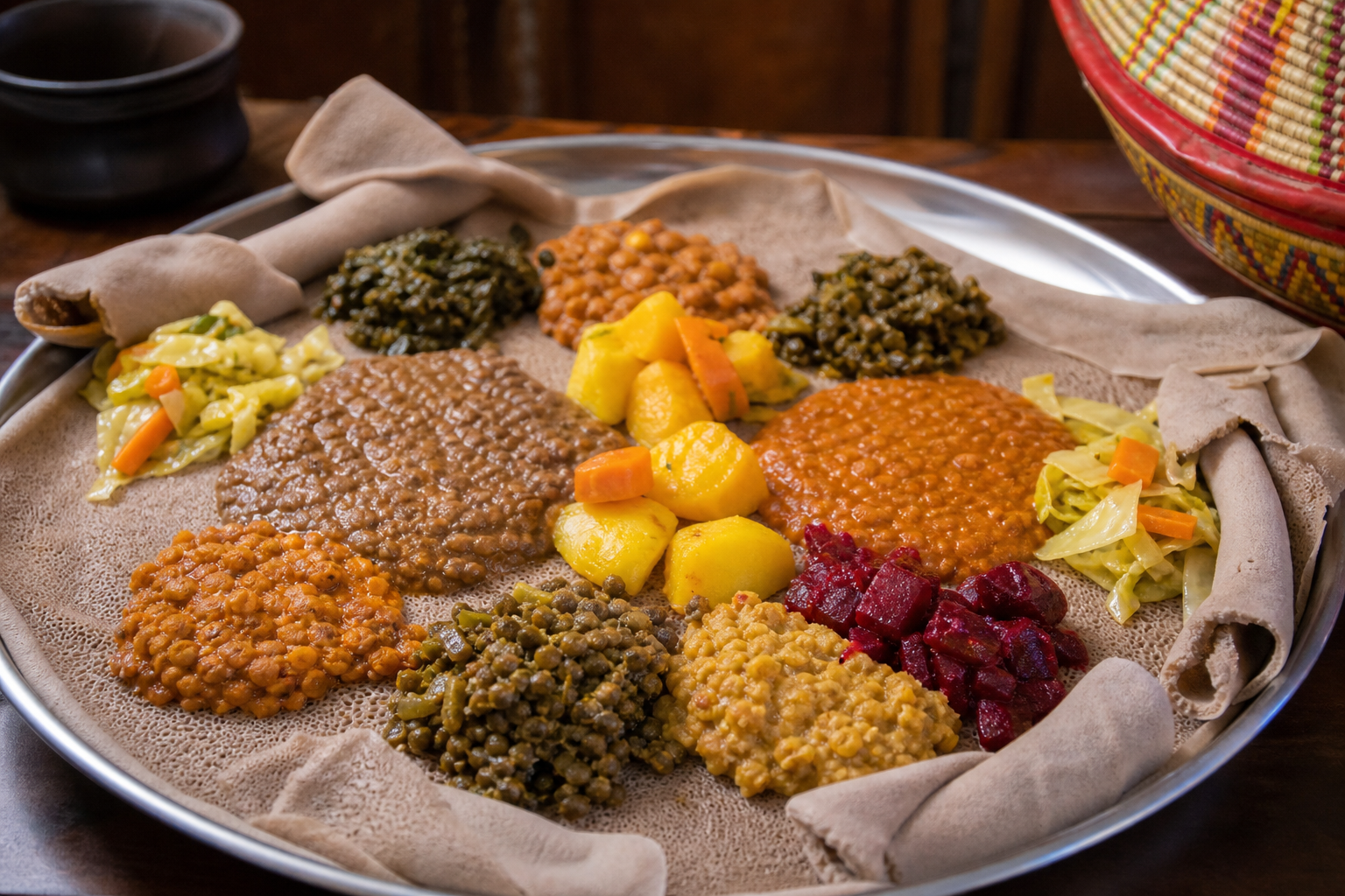የኢትዮጵያ ኦርቶዶክስ ጾም ምግብ የተዘረጋበት ትልቅ የኢንጀራ ሰሃን ከብዙ ዓይነት የአትክልትና ጥራጥሬ ምግቦች ጋር
