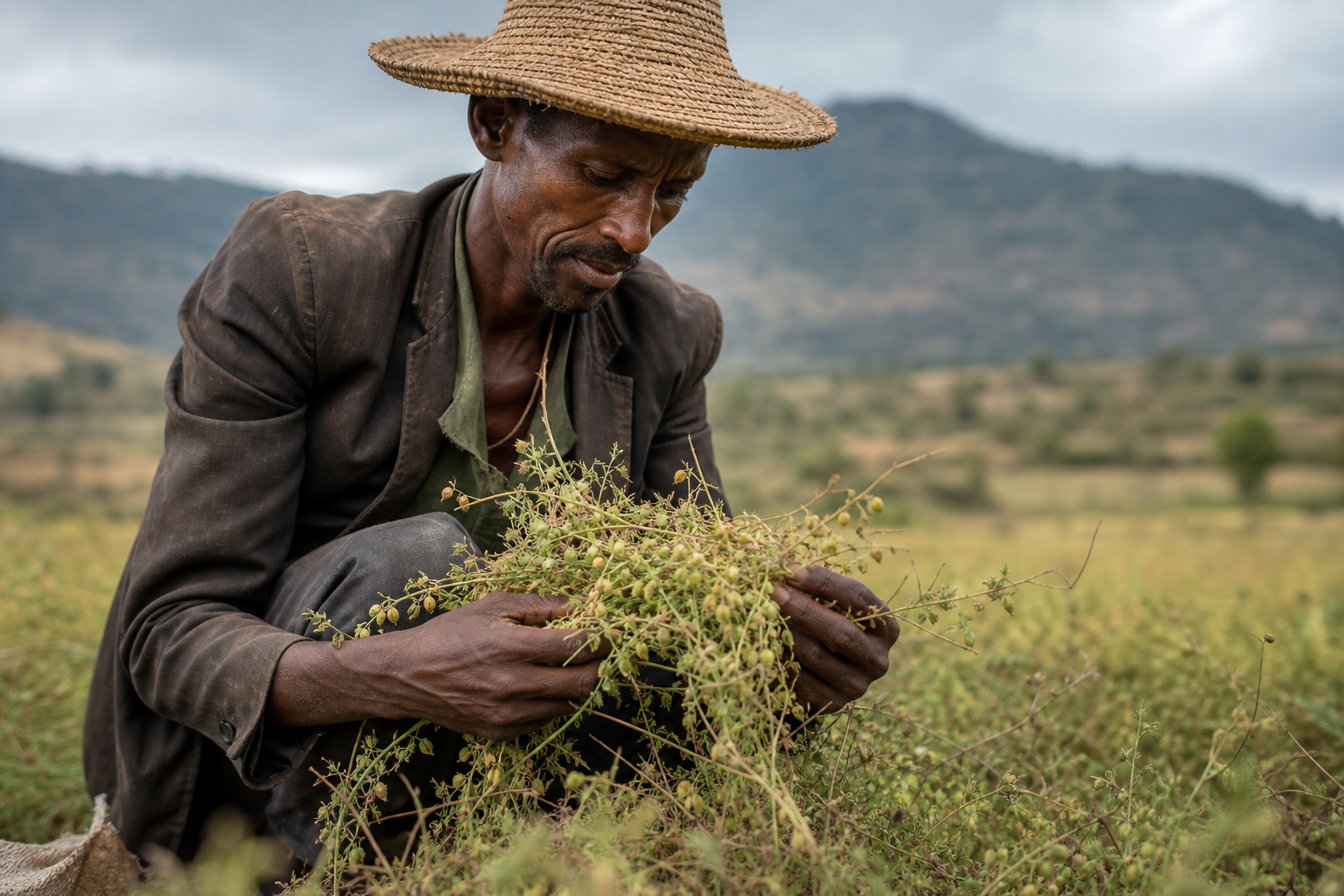 የኢትዮጵያ አርሶአደር ምስር ሲሰበስብ። የጥራጥሬ ሰብሎች ለአገር ውስጥ ግብርናና ለምግብ ዋስትና ወሳኝ ናቸው።