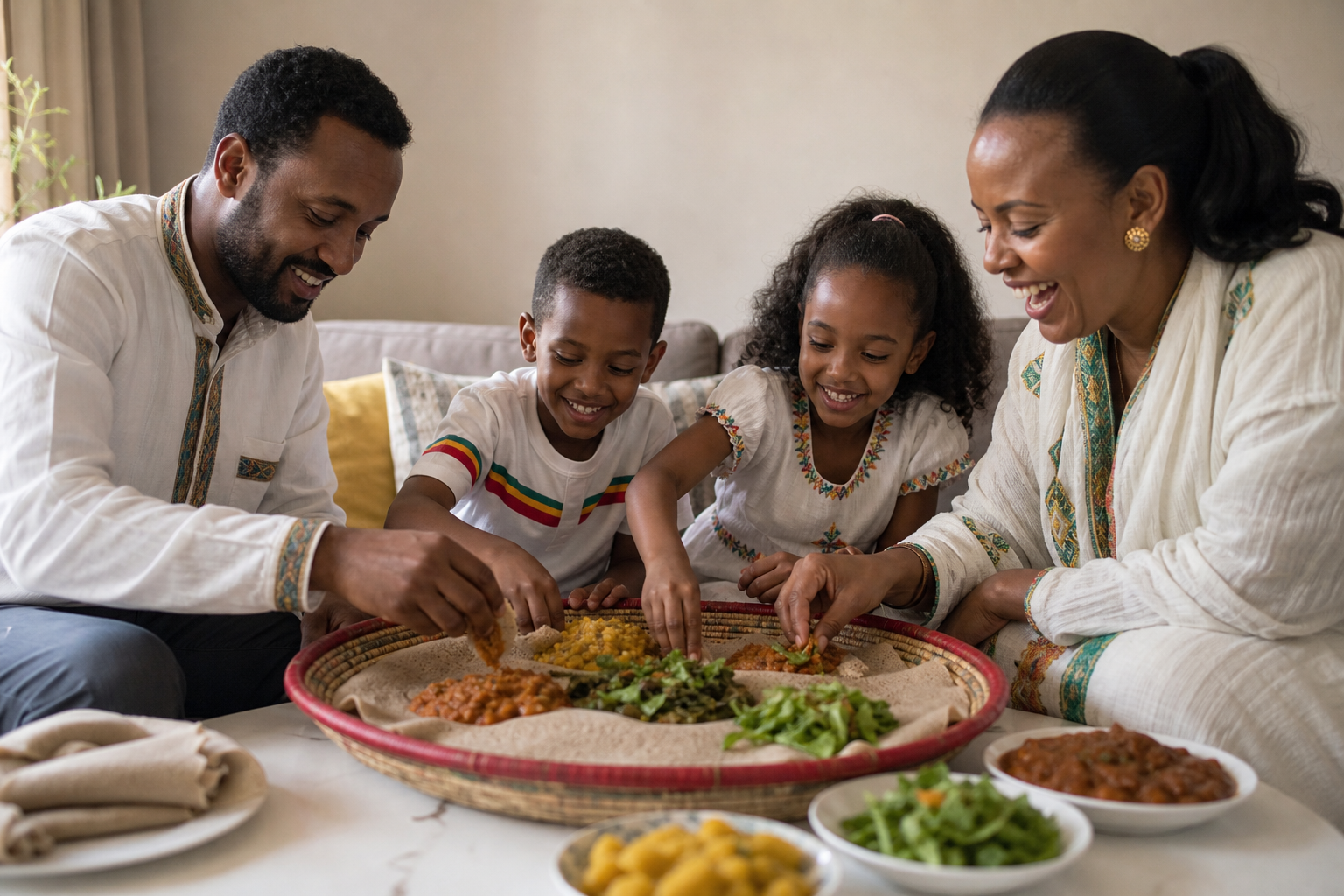 የኢትዮጵያ ቤተሰብ በደስታ ኢንጀራ እየተጋሩ። የዕፅዋት ምግቦች የቤተሰብን አንድነትና ጤና ያጎናጽፋሉ።