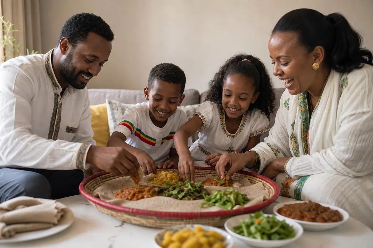 የኢትዮጵያ ቤተሰብ በደስታ ኢንጀራ እየተጋሩ። የዕፅዋት ምግቦች የቤተሰብን አንድነትና ጤና ያጎናጽፋሉ።
