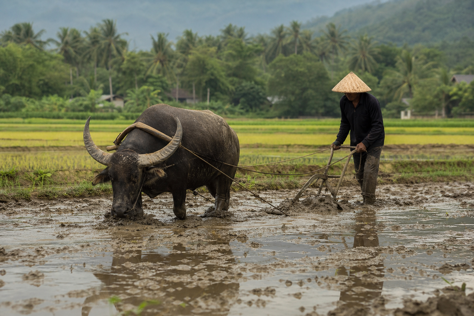 Cánh đồng lúa nước truyền thống Việt Nam với con trâu đang cày ruộng