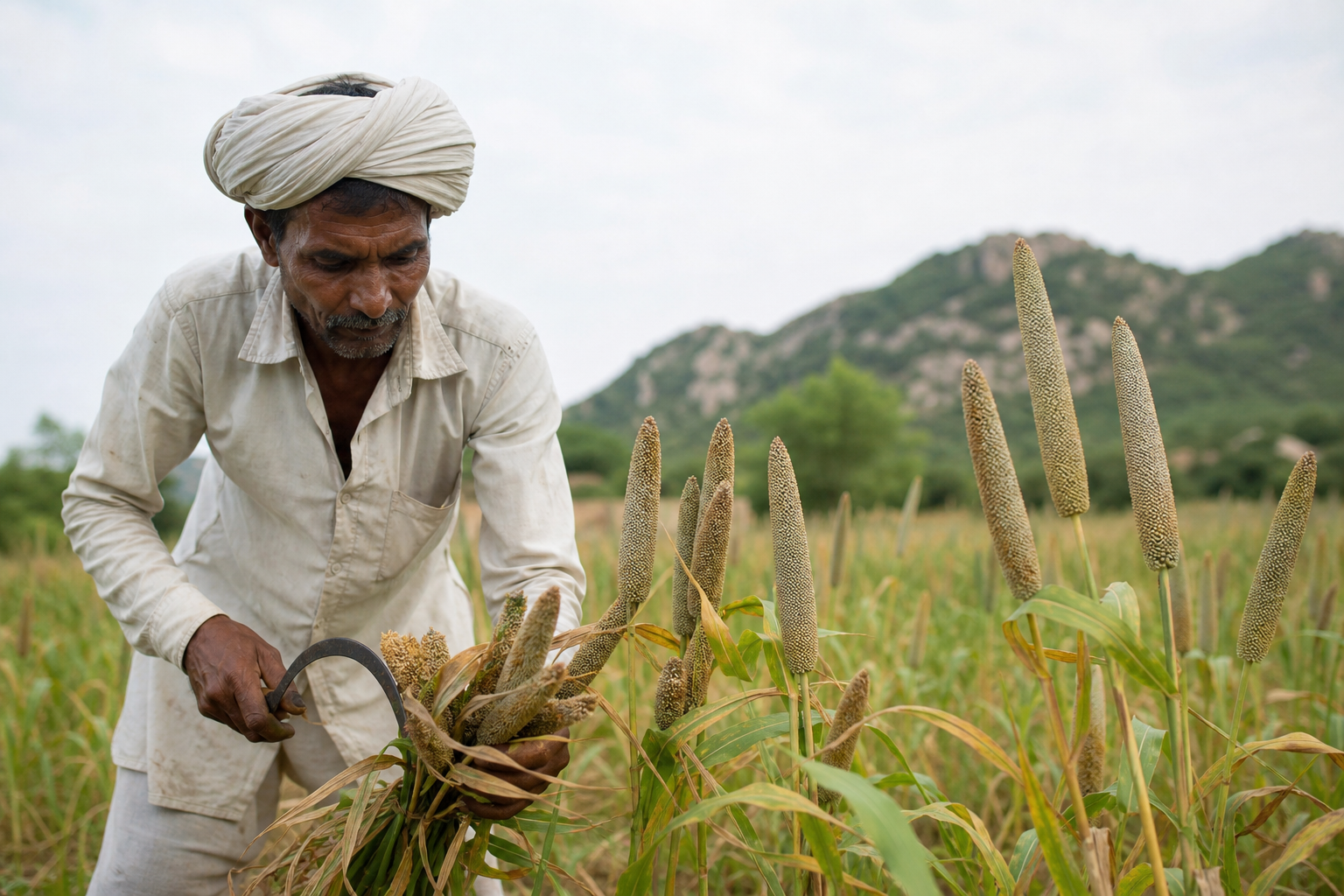 एक भारतीय किसान बाजरा की कटाई कर रहा है, जो टिकाऊ और पौष्टिक भोजन का प्रतीक है।