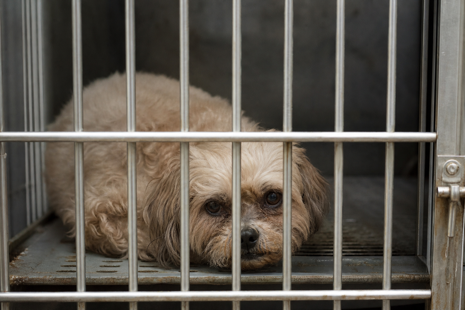 A small, sad-looking dog confined to a metal cage.
