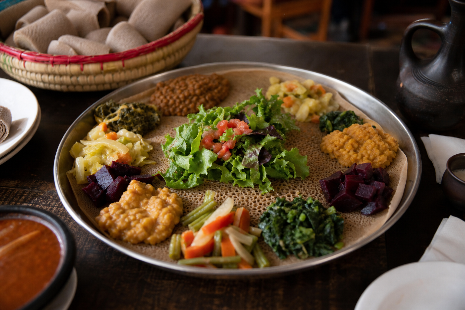 በኢንጀራ እና የተለያዩ የአትክልት ምግቦች ያጌጠ የኢትዮጵያ ምግብ ቤት ጠረጴዛ