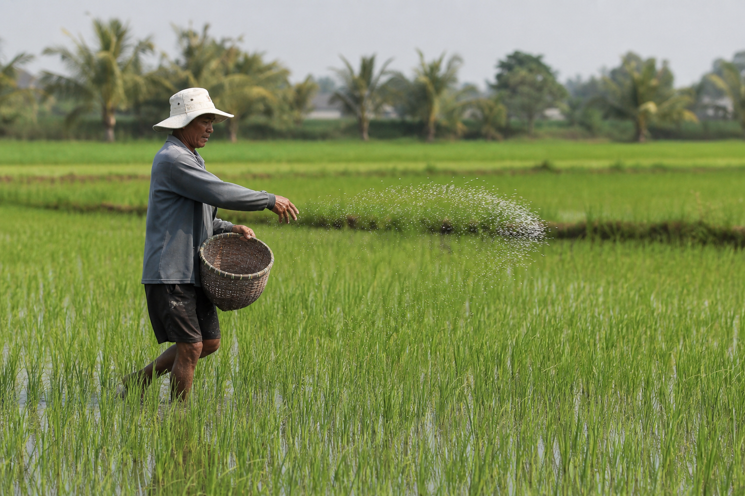 Người nông dân bón phân trên ruộng lúa, cần áp dụng các phương pháp quản lý để giảm thiểu thất thoát dinh dưỡng.