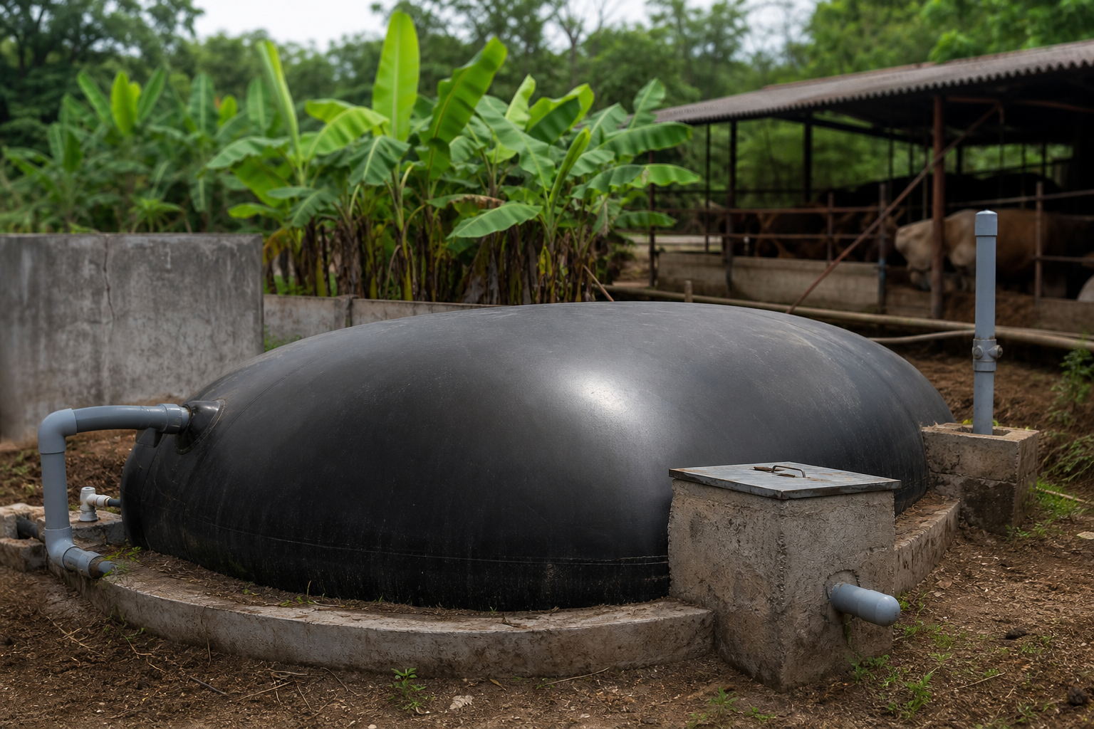 Hầm biogas trên trang trại nông thôn Việt Nam, biến chất thải thành năng lượng và phân bón hữu cơ.