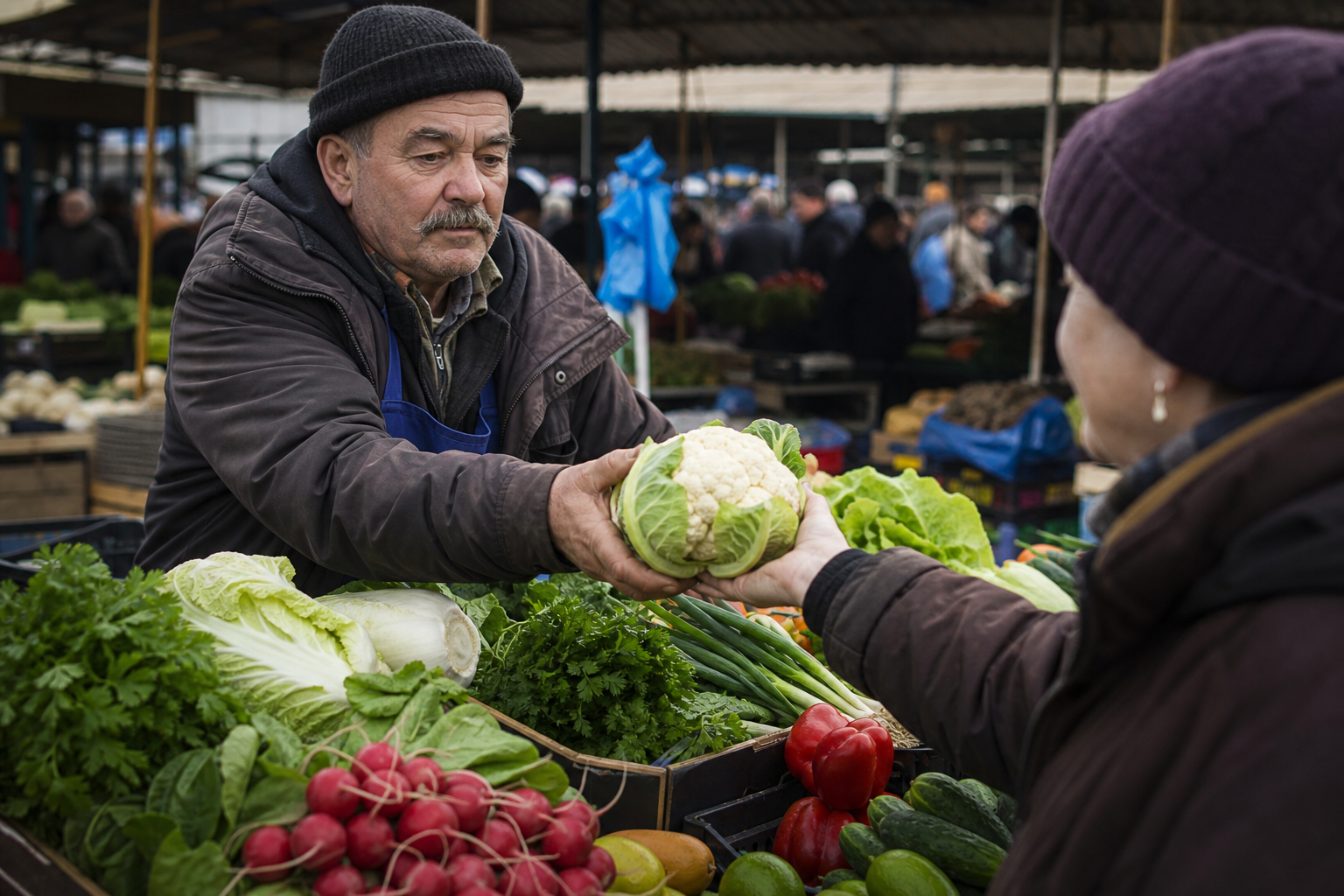 Місцевий фермер продає свіжі овочі на українському ринку.