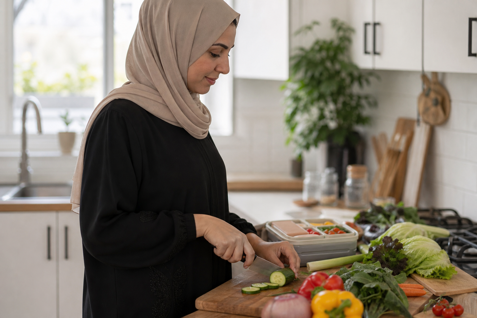 امرأة عربية تحضر طعامًا في المطبخ