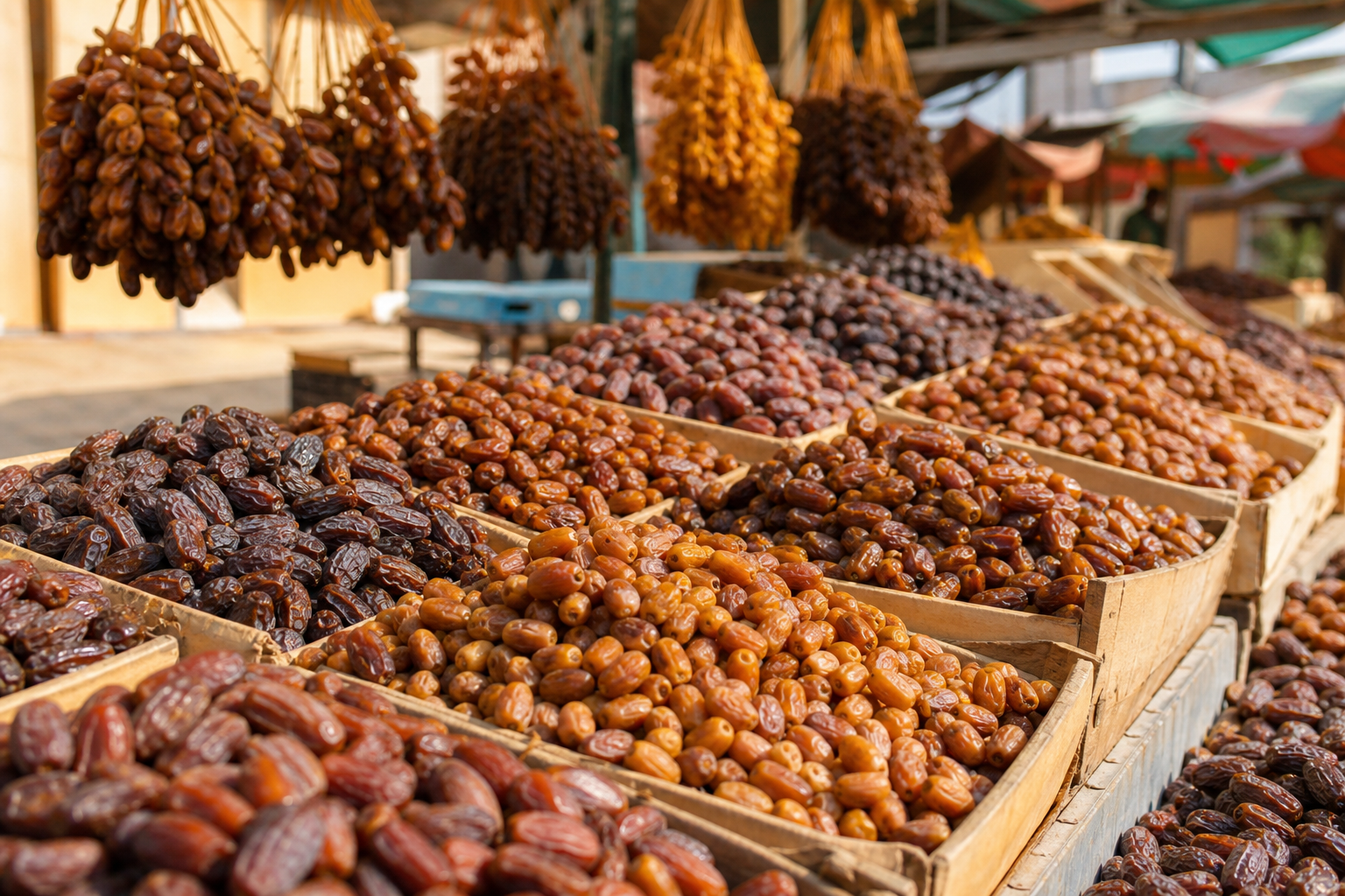 سوق محلي يعرض التمور الطازجة، مصدر غني للطاقة والمغذيات.